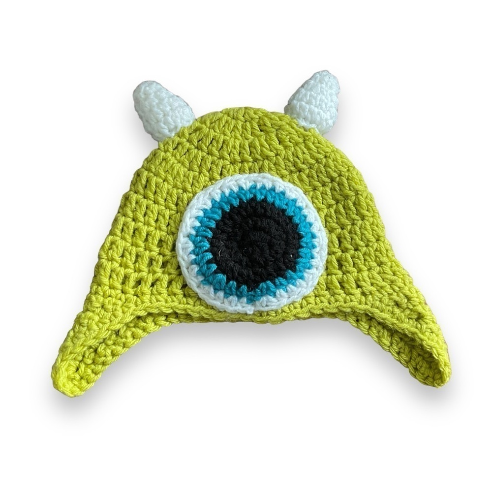 Handmade‎ Kids Hat Monsters Inc Childrens Knit Green Alien Eye Cyclops Winter